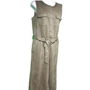 Spense Womens Olive Green Sleeveless Jumpsuit 4 Faux Suede Belted 4 Pockets